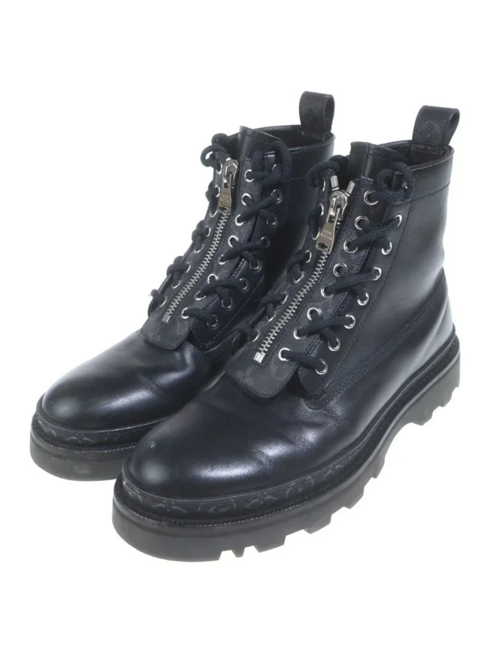 Louis Vuitton Ankle Combat Boots Long Leather Monogram Black